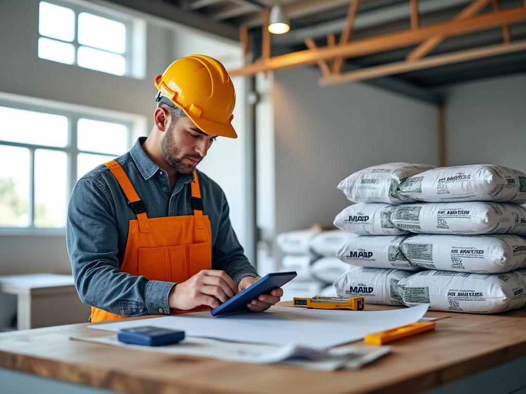 Homme vérifiant plans de construction, casque et tablette.