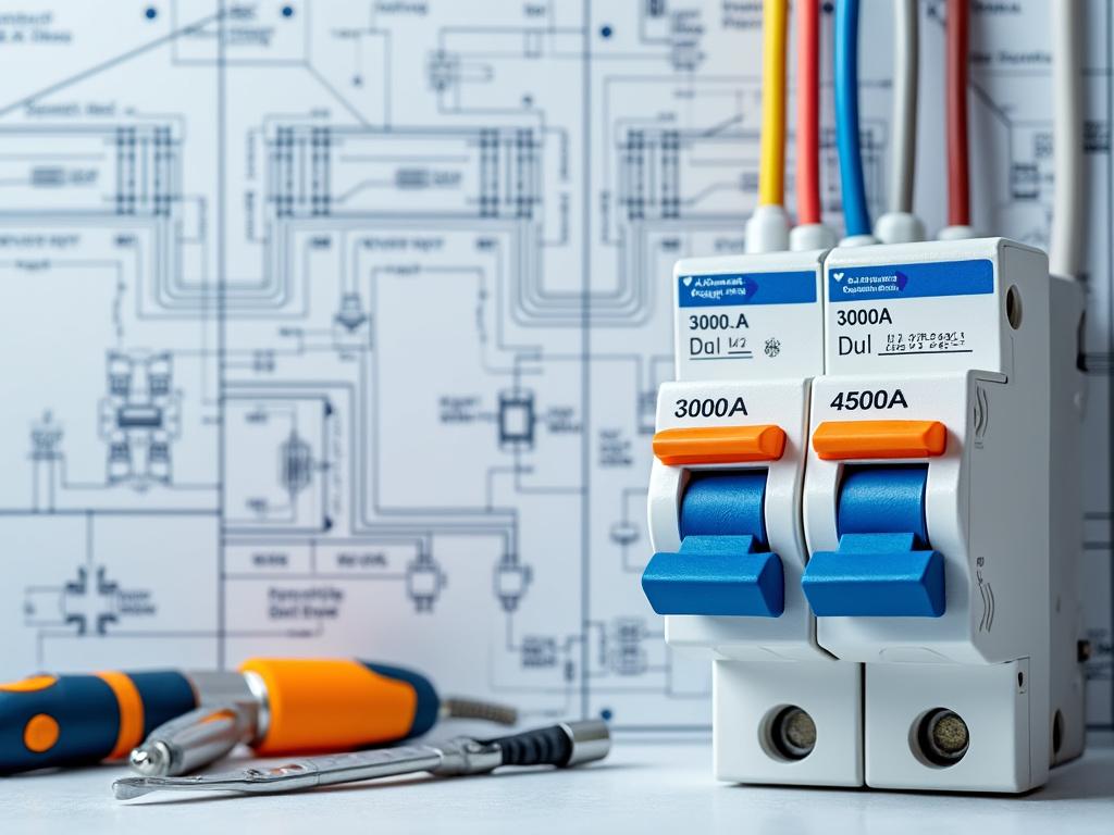 Disjoncteurs sur fond de schéma électrique industriel.