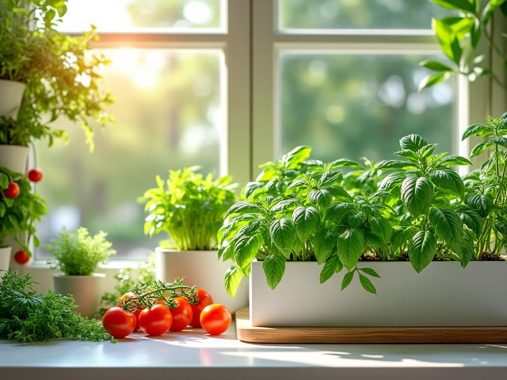 Plantes aromatiques et légumes près de la fenêtre