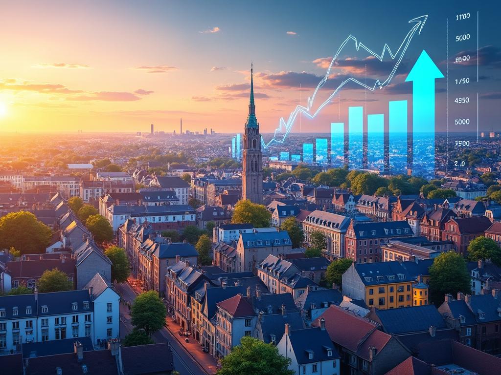 Ville au coucher de soleil avec graphiques de croissance.